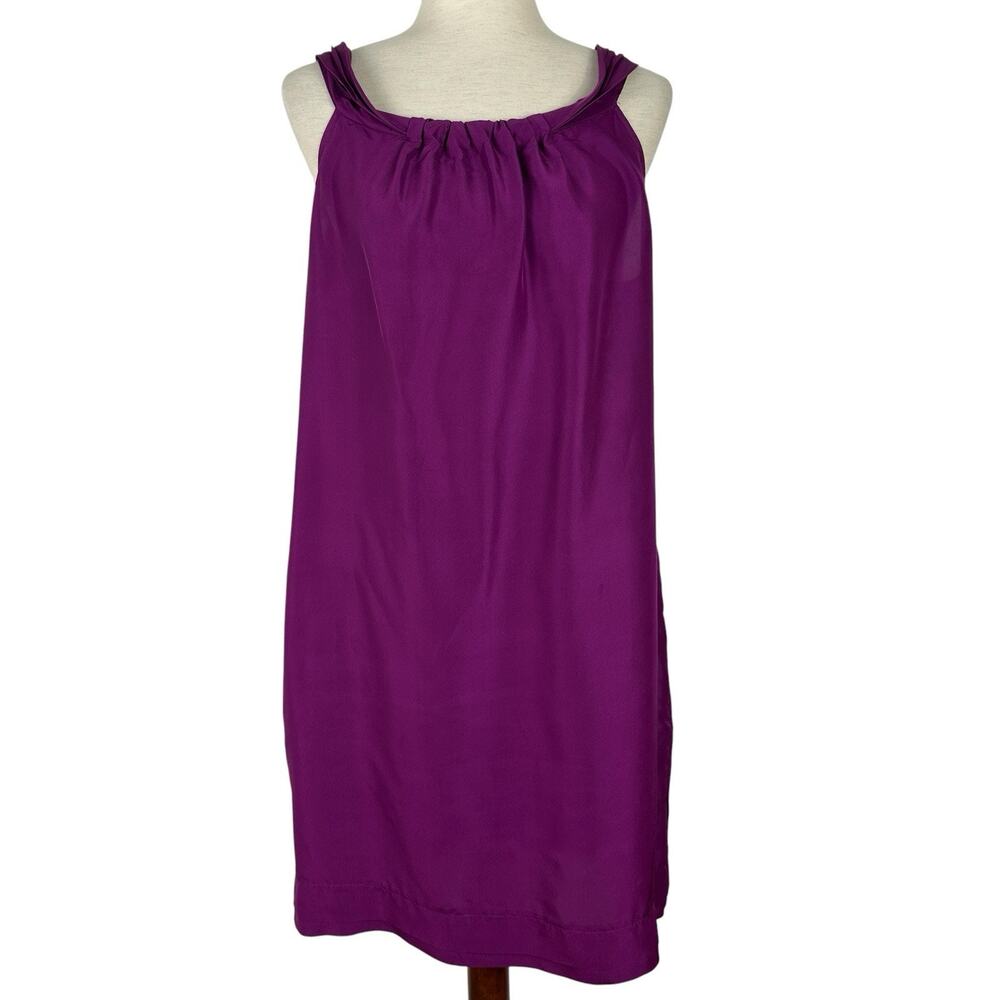 Banana Republic Dress WOmen Large Purple Silk Shift Cowl Neck Pockets Classic
